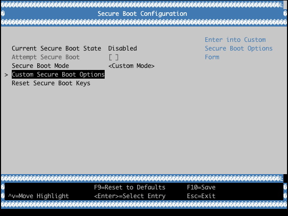 UEFI Secure Boot Custom Mode Screen