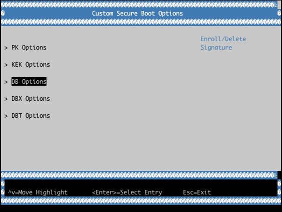 UEFI Secure Boot Key List Screen