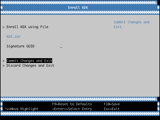 UEFI Secure Boot KEK.cer Enroll Screen