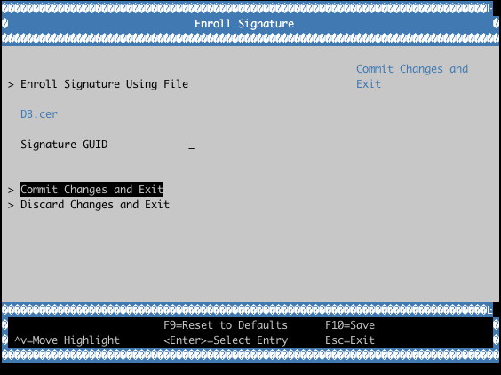 UEFI Secure Boot DB.cer Enroll Screen